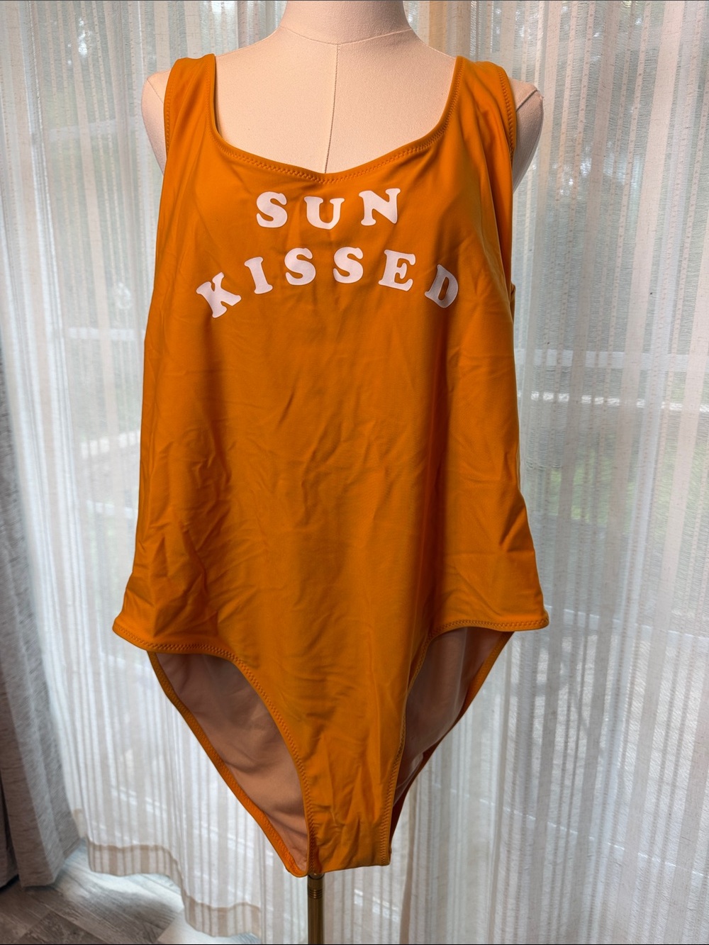 Old Navy Women’s Orange One-Piece Swimsuit with White 'SUN KISSED' Graphic